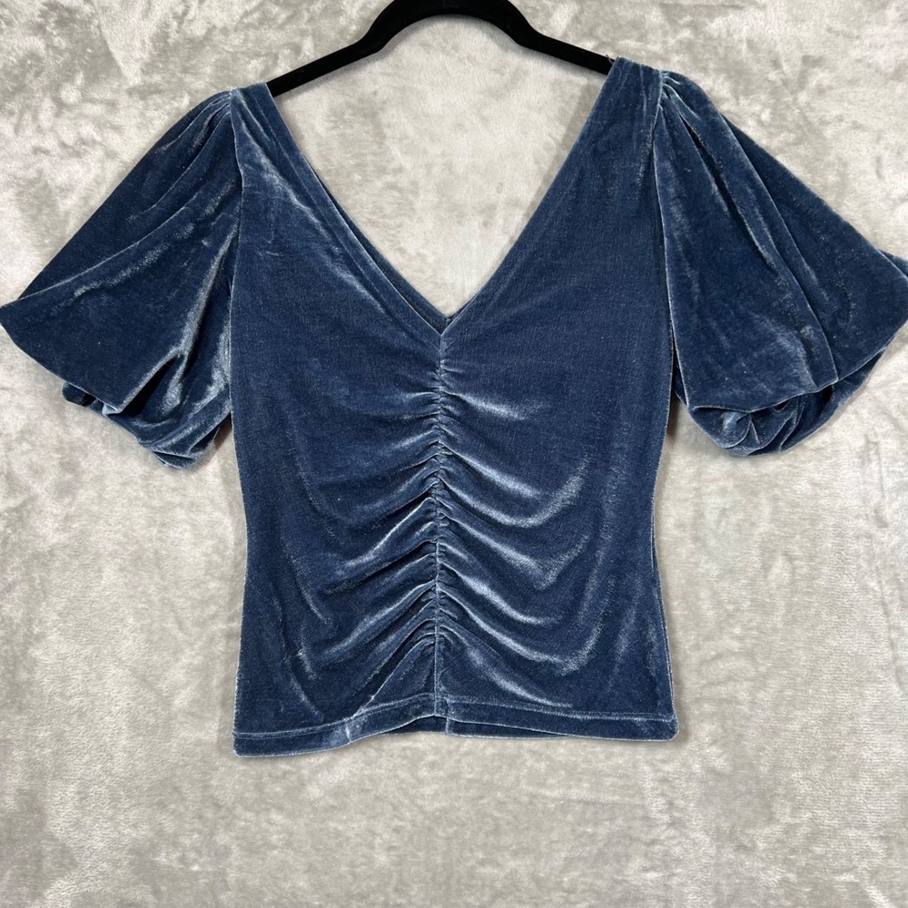 Free People Cupcake Velvet Top Size XS Blue Puff Sleeve Holiday Party - Picture 2 of 11